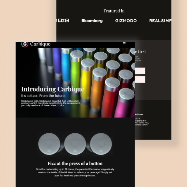 Dark themed landing page design for a bottle company . Tools used Figma and Webflow